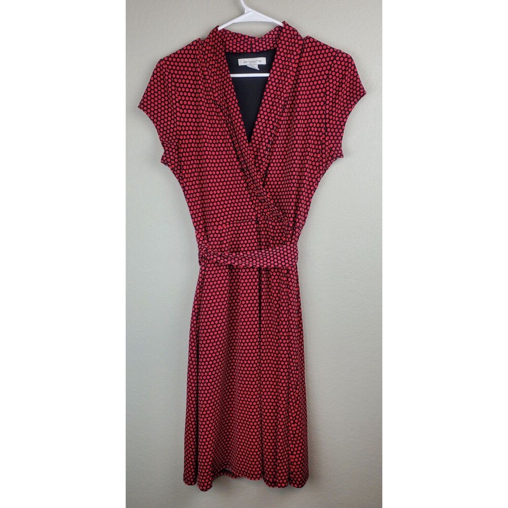 Liz Claiborne Women's Medium Red Black Polka Dot Flowy Dress Removable Waist Tie